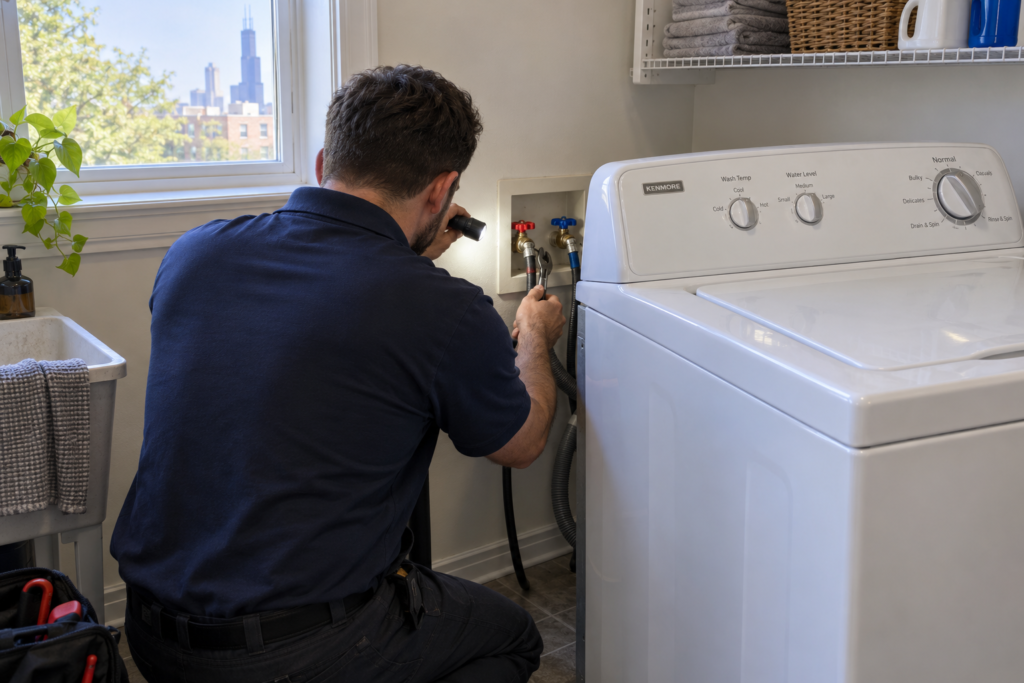 Technician servicing a residential washing machine during an in-home appliance maintenance visit